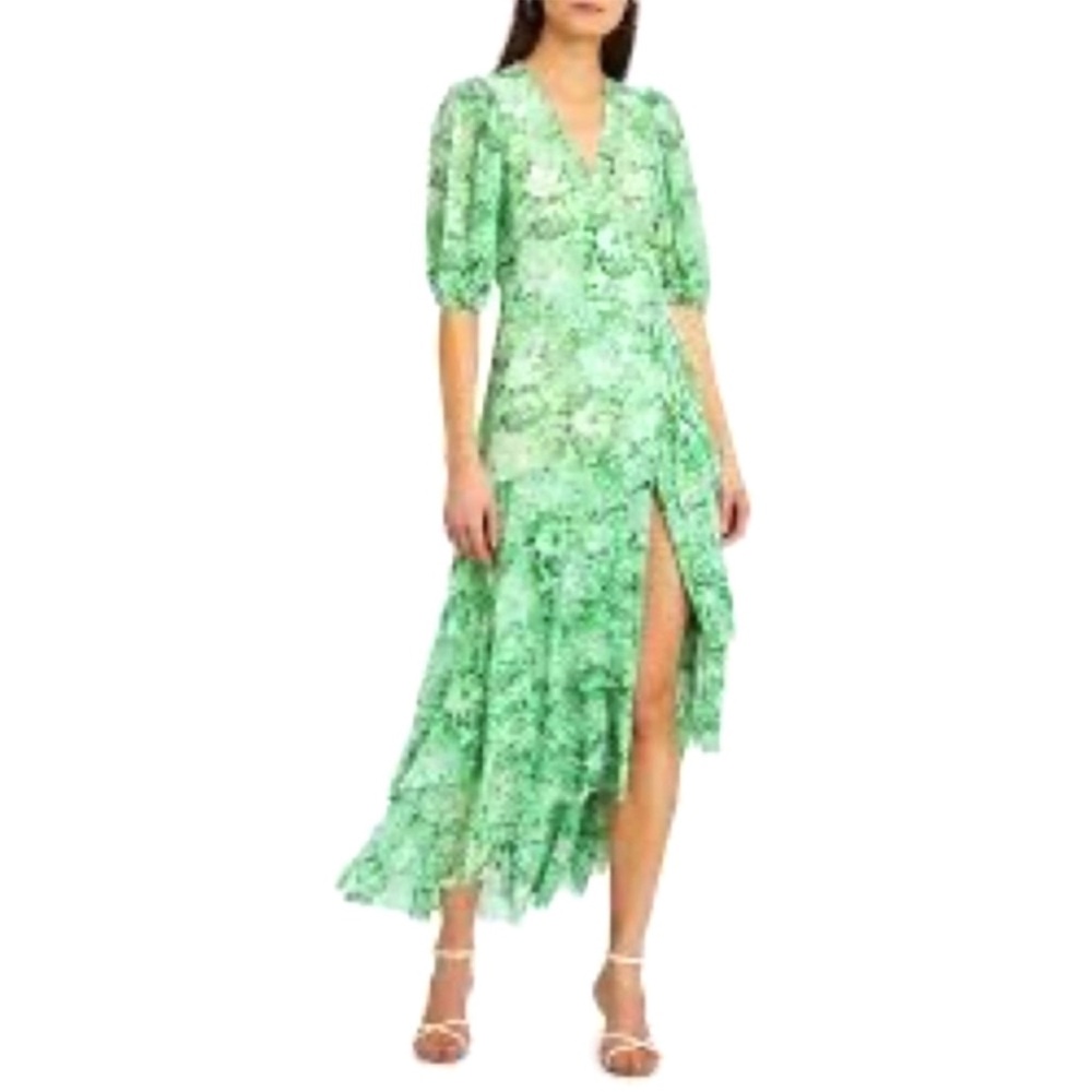 Ganni Mesh Print Green Floral Dress, size 2